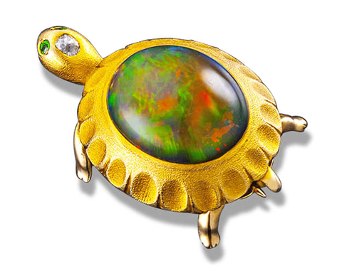 Mexican Fire Opal Turtle Brooch.  M.S. Rau. 