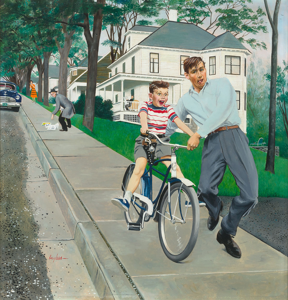 Learning to Ride a Bike by George Hughes., Saturday Evening Post cover, July 12, 1954. M.S. Rau.