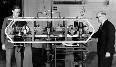 Louis Essen and J. V. L. Parry standing next to the world's first caesium atomic clock, developed at the UK National Physical Laboratory in 1955. Source.