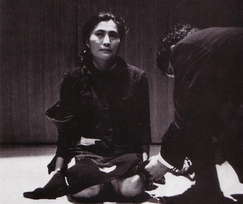Cut Piece, performed by Yoko Ono on July 20, 1964 at Yamaichi Concert Hall, Kyoto, Japan.