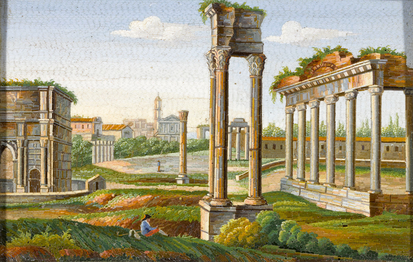 Now only seen as ruins, the monumental Roman Forum would have held great theater productions.  Micromosaic Plaque of the Roman Forum. 19th Century. M.S. Rau.