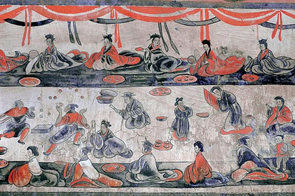 This is part of a tomb mural from Dahuting which depicts entertainers at an aristocratic banquet. 2nd Century. Source.