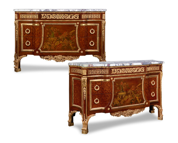 Louis XVI-Style Marquetry Commodes. Circa 1880. M.S. Rau, New Orleans