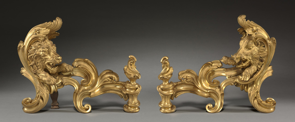 Pair of gilt-bronze andirons by Caffieri. 1752. Cleveland Museum of Art.