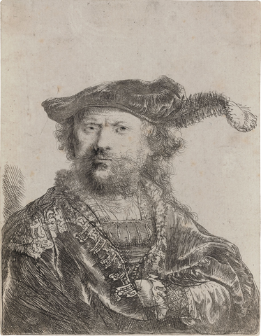 Self-Portrait in a Velvet Cap with Plume by Rembrandt van Rijn. M.S. Rau, New Orleans (Sold).