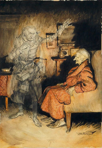 Scrooge and the Ghost of Marley by Arthur Rackham, pen, ink and watercolor, from Dickens's A Christmas Carol, 1915. Source.