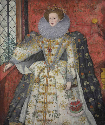 Portrait of Elizabeth I of England with an ermine fur, wearing the jewel called the Three Brothers, and holding an olive branch and a feather fan. Circa 1585-90, unknown artist