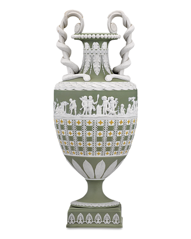 Wedgwood Green Dip Tricolor Snake Handled Vase. Circa 1850