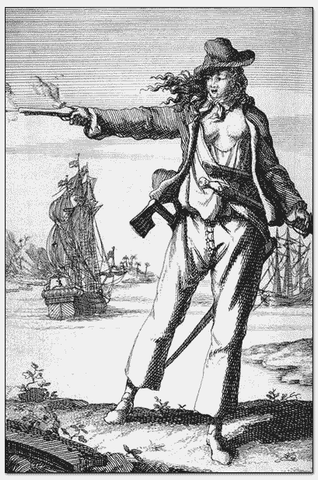 Anne Bonny, as pictured in Charles Johnson’s 1724 book A General History of the Robberies and Murders of the most notorious Pyrates.