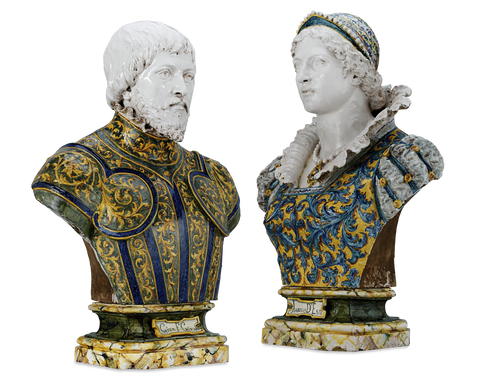 Isabella D'Este And Francesco II Gonzaga Majolica Busts By Angelo Minghetti.