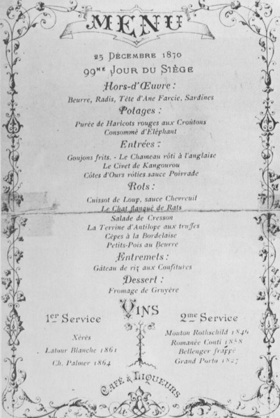 This Christmas 1870 menu from a Parisian restaurant features such unusual dishes as bear ribs, roast camel and kangaroo stew.