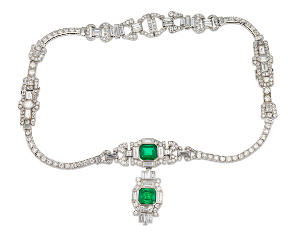 Columbian Emerald and Diamond Art Deco Necklace
