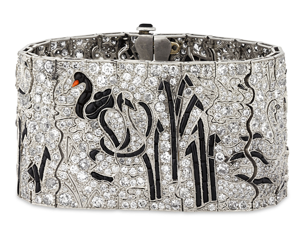 Art Deco Onyx and Diamond Swan Bracelet. Circa 1930. M.S. Rau.