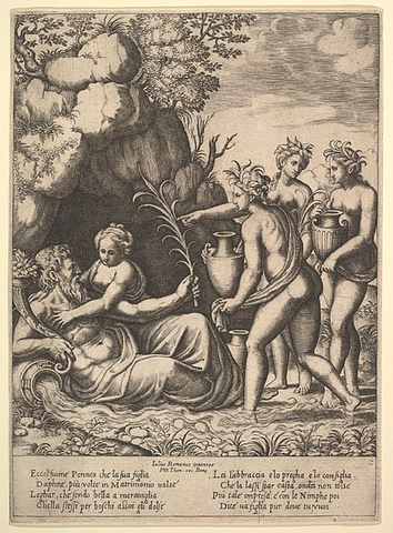 Daphne embracing her father, the river-god Peneus, at the left three nymphs bring jars from the Story of Apollo and Daphne print, after Baldassare Tommaso Peruzzi. Metropolitan Museum of Art