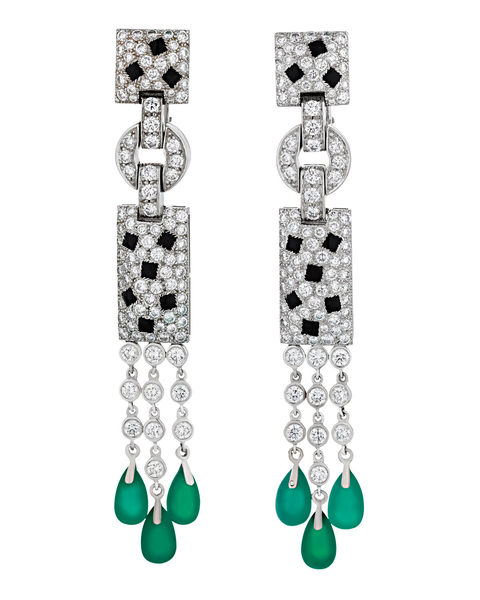 Cartier Panthère Diamond, Onyx and Emerald Drop Earrings. M.S. Rau.