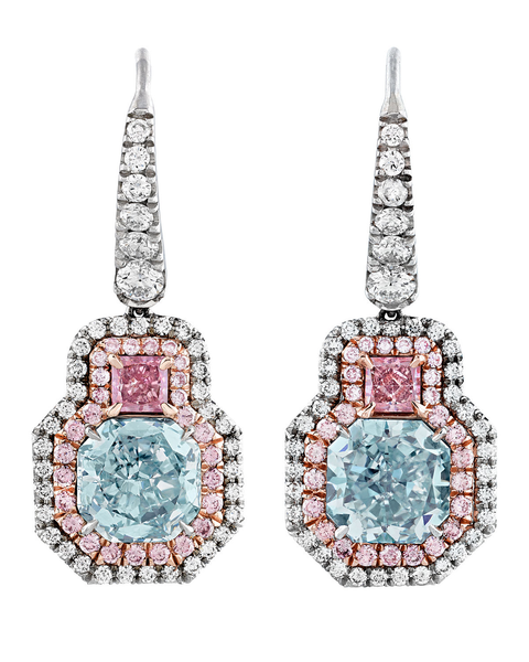 Fancy blue-green diamond earrings. M.S. Rau, New Orleans