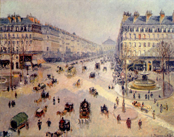 Avenue de l’Opera by Camille Pissarro, 1898, shows the wide boulevards and uniform Haussmann-style buildings made popular during the Second Empire.