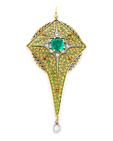 Emerald, Pearl and Plique-a-Jour Enamel Pendant