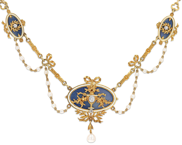 Art Nouveau Enamel, Diamond and Pearl Necklace. M.S. Rau.