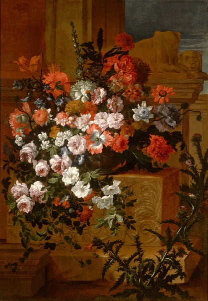 Still Life with Flowers on a Carved Stone Ledge by Jean-Baptiste Monnoyer.