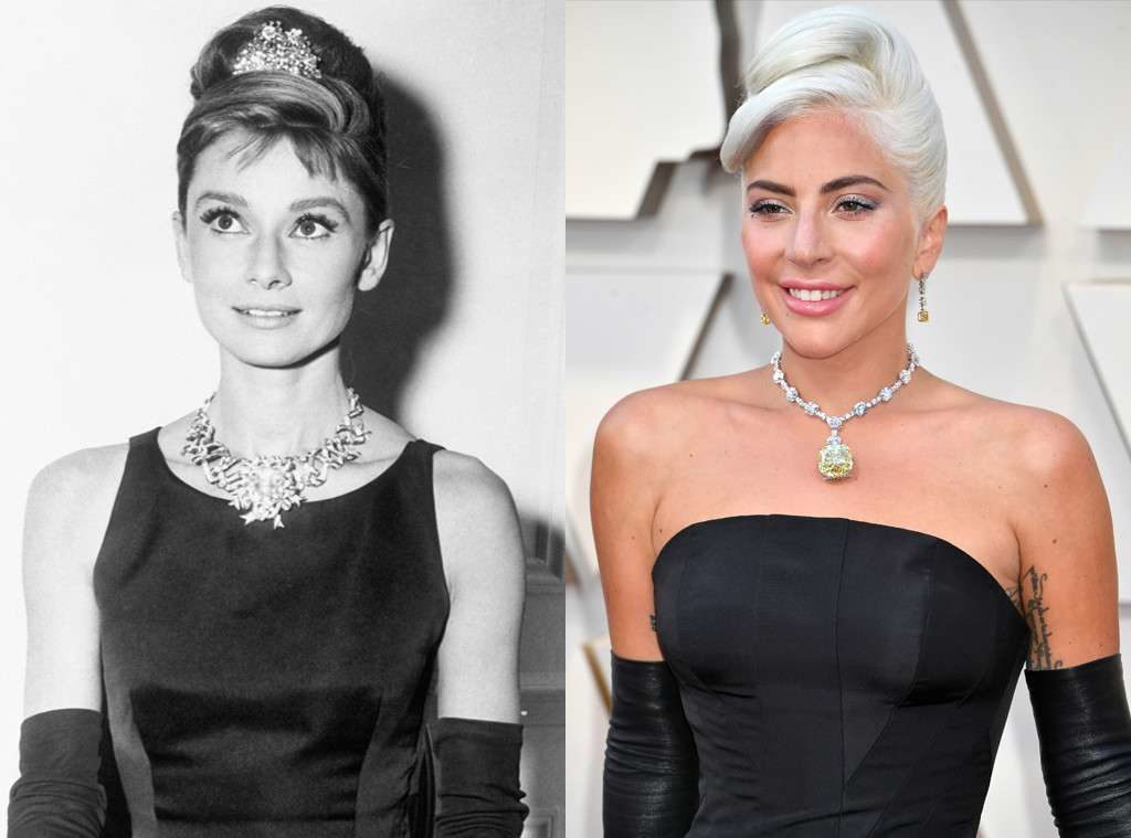 Lady Gaga and Audrey Hepburn wearing the 128-carat Tiffany Yellow Diamond