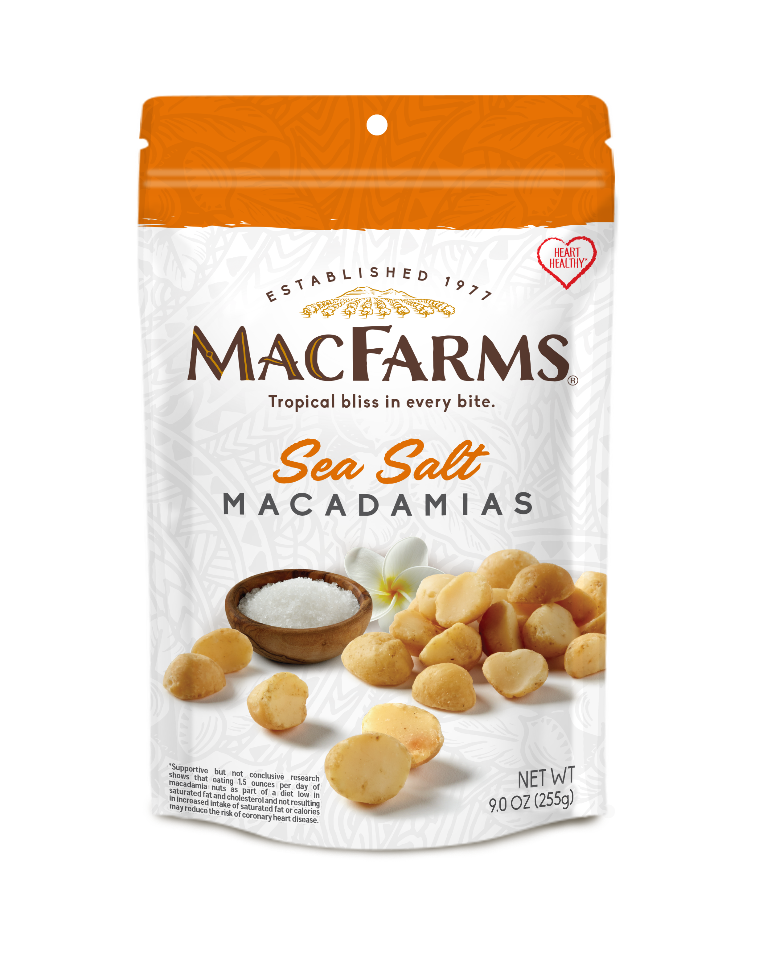  R MACFARMS. Tropical bliss in every bite. Sea Sals MACADAMIAS S p cholesterol and not resulting aturated fat or calories Of coronary heart disease, 