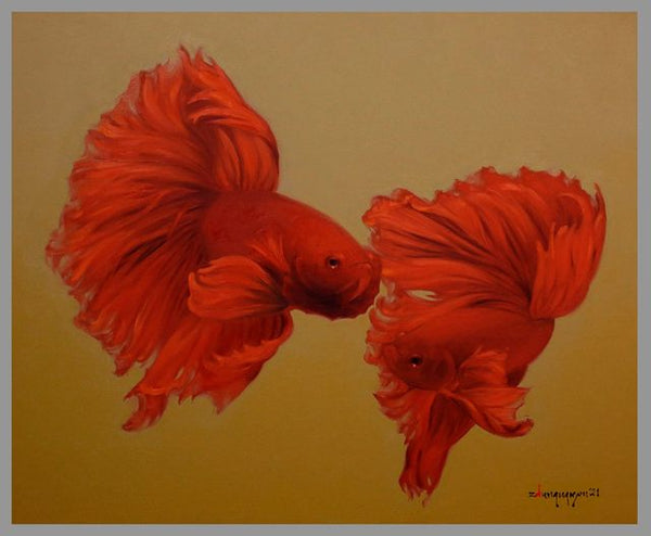 Tranh sơn dầu nghệ thuật của họa sĩ Nguyễn Anh Dũng "Cá chọi 1"