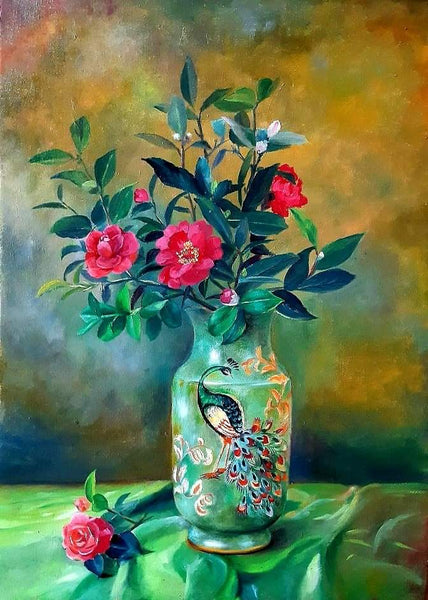 Tranh tĩnh vật hoa của họa sĩ Nguyễn Hằng "Hoa trà cổ"