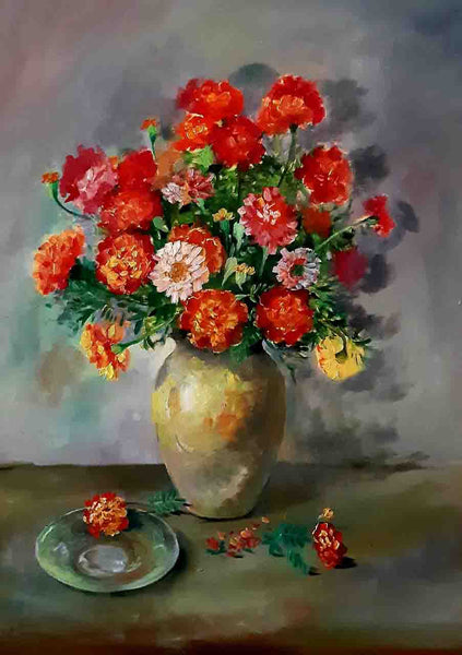 Tranh tĩnh vật hoa của họa sĩ Nguyễn Hằng "Thu bên thềm"
