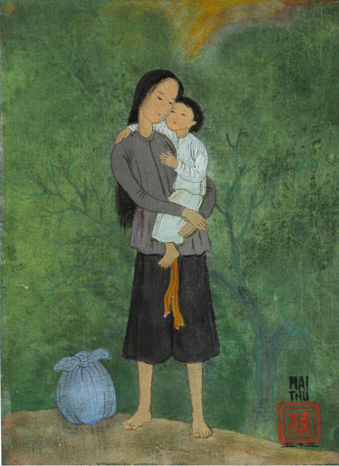 Tác phẩm "Người mẹ trẻ bên con và chiếc tay nải" của hoạ sĩ Mai Trung Thứ