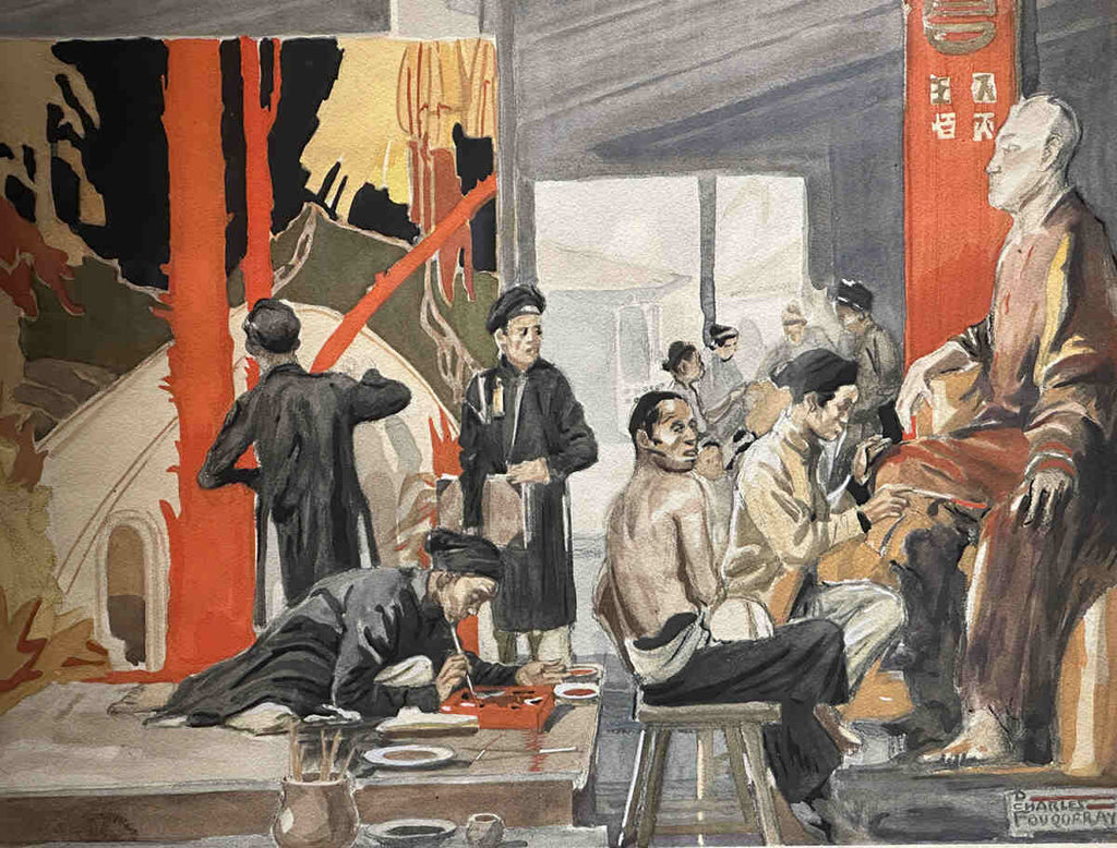 Cảnh sinh hoạt của người lao động trong bức "Xưởng sơn mài ở Hà Nội", Charles Fouqueray