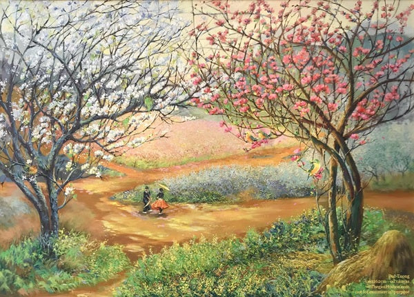 Bức tranh “Xuân yêu thương” của họa sĩ Đắc Tưởng khơi gợi về một mùa Xuân yên bình, đầm ấm