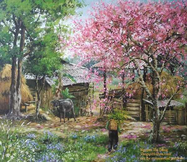 Bức tranh “Yên bình vùng cao” miêu tả khung cảnh bình dị của người dân vùng cao khi Xuân về