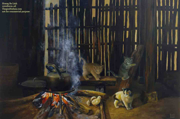 Họa sĩ Hoàng Bá Linh rất có biệt tài vẽ bếp lửa hồng, tranh sơn dầu "Chú gà con và những chú mèo con"