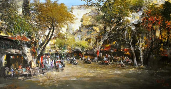 Tranh sơn dầu phố cổ "Nắng thu tràn trên phố" của họa sĩ Ngụy Đình Hà