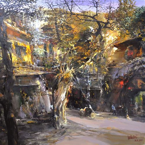 Tranh sơn dầu phố cổ "Vũ điệu mùa thu" của họa sĩ Ngụy Đình Hà