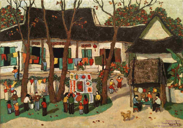 Scenery of the countryside in Nguyen Le Anh's landscapes, with village communal houses and childhood games