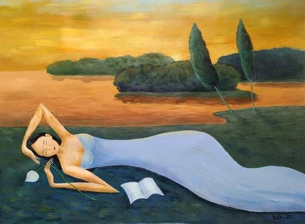 Tranh sơn dầu họa sĩ Nguyễn Quang Quý "Giấc ngủ chiều quê"