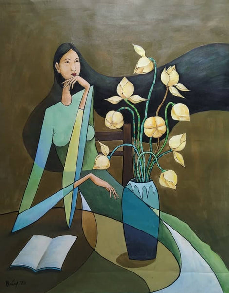 Tranh sơn dầu quê hương họa sĩ Nguyễn Quang Quý "Thiếu nữ"