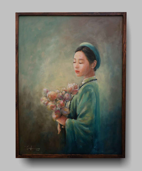 Tranh chân dung nghệ thuật của họa sĩ Nguyễn Đức Thành "Thiếu nữ và hoa sen"
