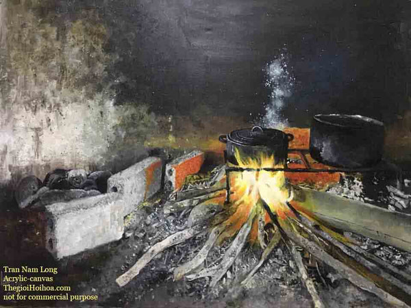 Family space is successfully expressed by talented Vietnamese painter Tran Nam Long in the artwork "Warm stove"