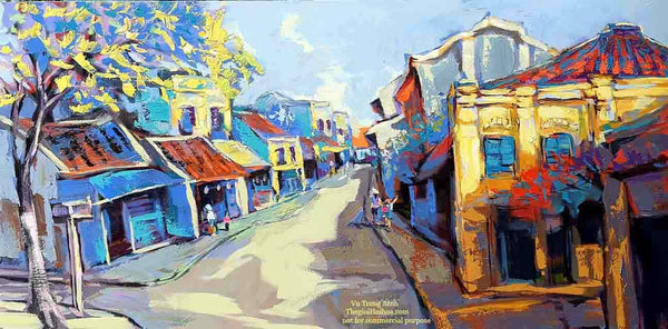 Bright and colorful arrays bring the image of Hoi An old-town attractive and lively, "A visit to the old town" by Vietnamese painter Vu Trong Anh