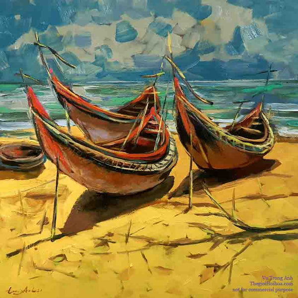 Painter Vu Trong Anh has many impressive paintings of boats and seas - "Rough Sea Season"