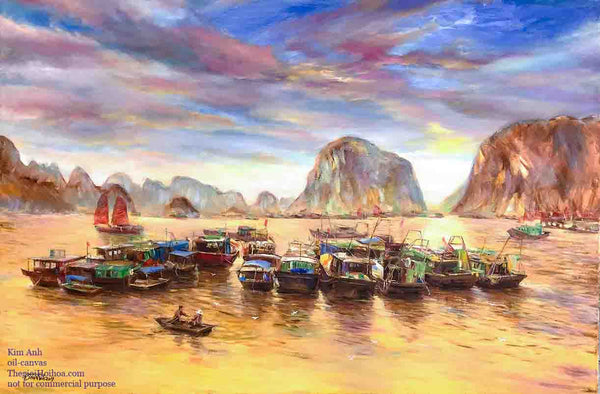 Romantic colors in the seascape painting "Golden Ha Long" - Vietnamese artist Tran Kim Anh