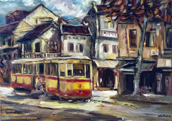 Nostalgic space with ancient colors in the painting "Old Tram" - artist Tran Kim Anh