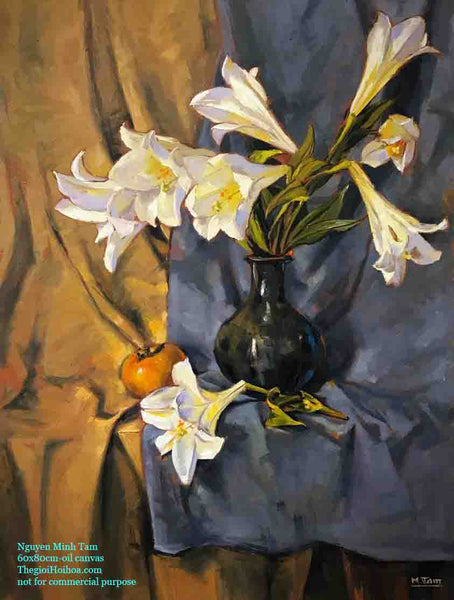 tranh tĩnh vật sơn dầu "Hoa loa kèn" của họa sĩ Nguyễn Minh Tâm