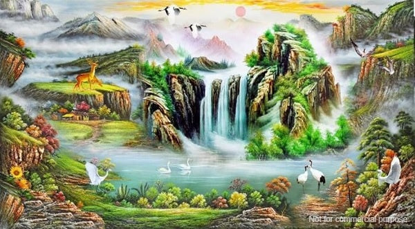 Mẫu tranh sơn thủy hữu tình đẹp, kết hợp hài hòa giữa sông, núi, động vật, cây cối, nhà,...