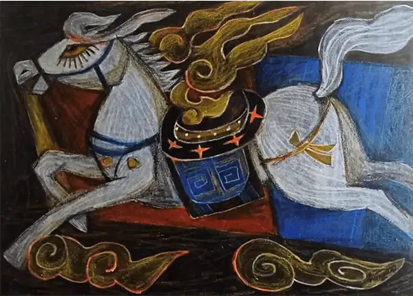 Tranh sơn dầu trừu tượng trên giấy dó “Ngựa 2” của họa sĩ Nguyễn Hùng