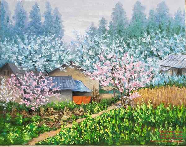 Landscape oil painting "Spring arrives on the street" - Vietnamese artist Nguyen Manh Hung