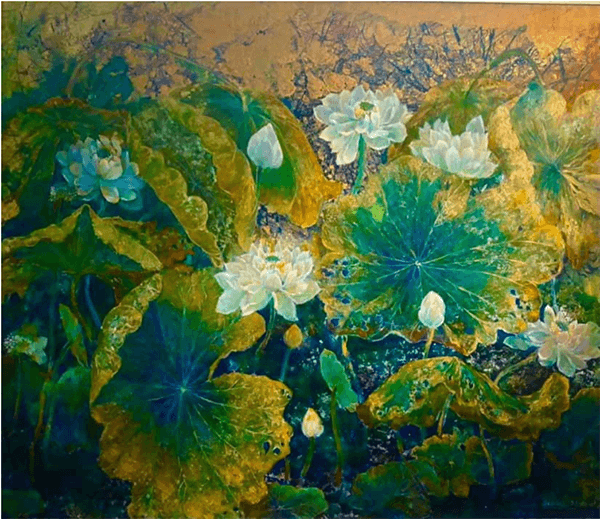 Tranh sơn mài “Sen tháng 5” của họa sĩ Nguyễn Bảo Châu
